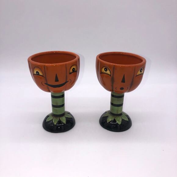 Johanna Parker Transpac Set Of 2 Jack O Lantern Pumpkin Goblets Halloween New - Picture 2 of 8